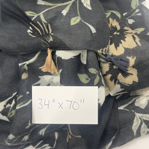 2/$30 NEW Floral Tasseled Scarf Black Long Rectangle Neutral Muted Minimalist - Picture 11 of 12